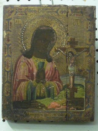 An Icon on wooden board "Musing Virgin Mary with figure of  Crucified Christ" 7" x 5 1/2"