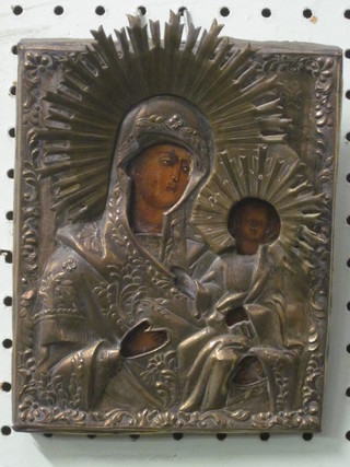 An Icon "Blessed Virgin and Christ in Glory" contained in an embossed white metal mount 6 1/2" x 5"   ILLUSTRATED