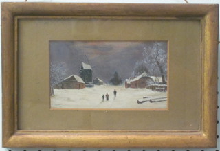 F L Parker, watercolour "Snowy Landscape with Windmill and  Figures" signed and dated 1914 3" x 6"