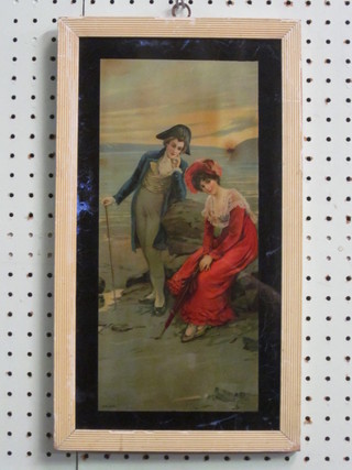 A coloured print on glass "Seated Bell and Beau" 13" x 6"