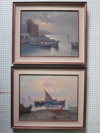 Bonal, a pair of oil paintings on board "Mediterranean Sea Scapes with Fishing Boats" 15" x 19"