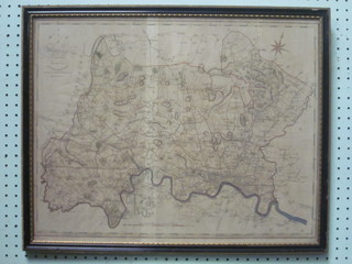 A J Cray coloured map of Middlesex, crease to centre, contained  in a Hogarth frame 16" x 21"