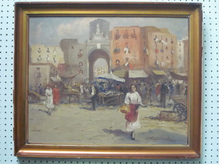 Oil on board "Study of a Spanish Market with Figures" 15" x  19"