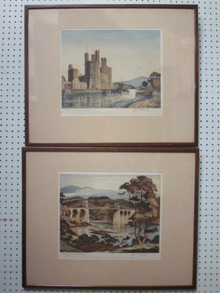 James Priddy, a pair of coloured prints "Evening Menai Bridge  and Morning Carnarvon Castle" 10" x 12"
