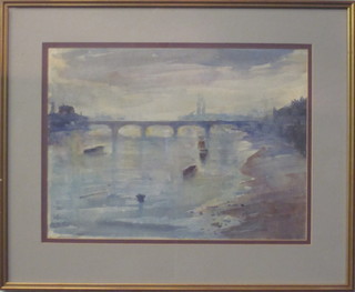 Impressionist watercolour "Study of The Thames with Barges" 10" x 14"