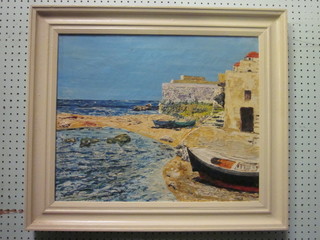 Cloud, impressionist oil on canvas "Mediterranean Scene with  Fishing Boats" 17" x 21"