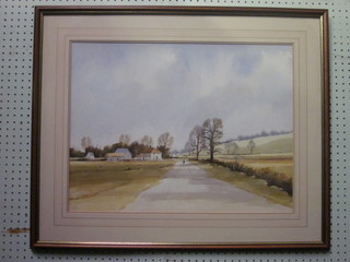 Ray Wichard, watercolour "Welsh Rural Scene with Buildings  and Figure" 18" x 23", the reverse with Wichard's biography on  Kingfisher Gallery notepaper