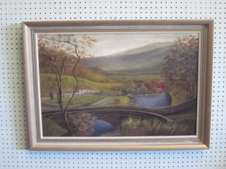 A M Goode, oil on canvas "Valley with River and Bridge, House  in Distance" 15" x 24"