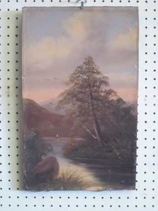 Victorian oil on card "River with Boat and Mountains in  Distance" 16" x 10"