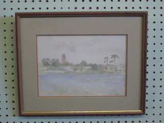 Greenwood, watercolour "Flax field and Church" 6 1/2" x 9"