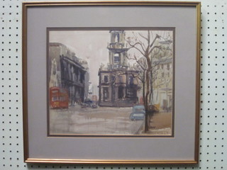 P H Ebbitts, impressionist watercolours a pair, "St Clement Dane  Church" and "Dockland Scene" 8 1/2" x 12"