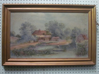 A 19th Century oil on canvas "Half Timbered House with Pond"  11" x 19"