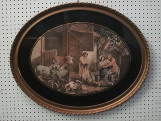 18th Century style coloured print "The Barn Door" 13" oval
