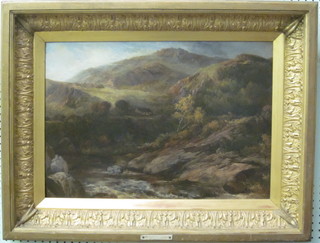 Oil on board "Mountain Scene" with plaque marked  Bettws-y-Coed John Syer 15" x 22" and contained in a heavy gilt  frame