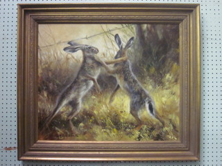 Mick Cawston '95, oil on canvas "Boxing Hares" 20" x 23"  signed and dated,