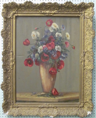 Oil on board, still life study "Vase of Poppies and other Wild  Flowers" 23" x 17", contained in a gilt frame