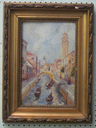 E Jahn, impressionist oil on board "Venetian Canal with Boats  and Figures" 12" x 8"