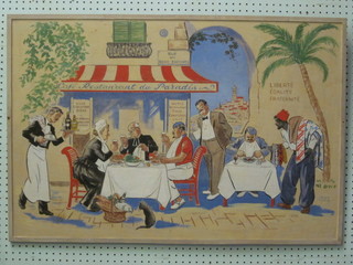 Helen McKie, oil on board "Humerous Study of an Egyptian  Restaurant with Figures Dining" 24" x 35"