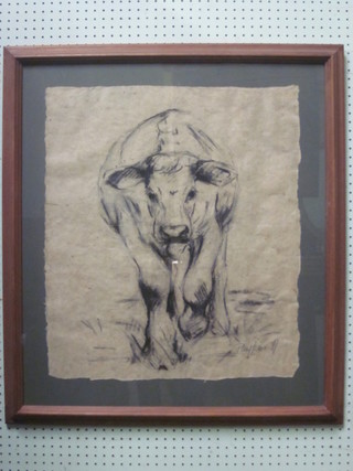 Pluttu, pencil drawing on parchment "Study of a Walking Cow" 24"  x 21"