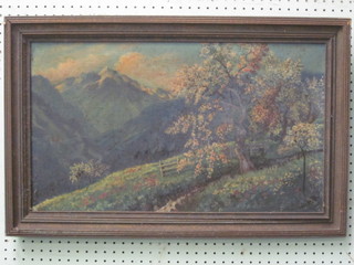 Oil on canvas "Mountains with Trees and Flowers" 13" x 23"