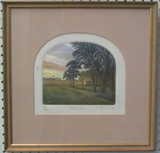 Stephen Whittle, 4 limited edition coloured prints "Winter Trees, Sunlit Beeches, Shady Waters and Rookery Farm" 5" x 6",  arched