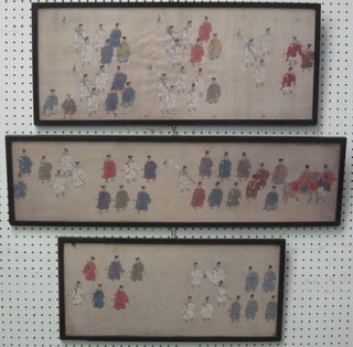 3 various Oriental pictures on silk "Warriors" 10" x 31", 10" x  25" and 10" x 20"