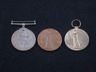 A WWI Victory medal to GS-24620 Pte. S Ewins Royal Fusiliers  and 1 other to 114972 Pte. J G Byway Royal Army Medical Corps, suspension ring f, together with a WWII British War  medal