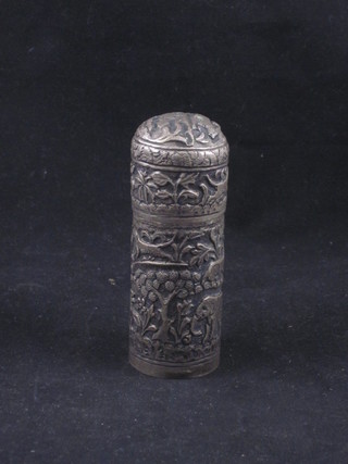 An Eastern embossed white metal jar and cover 4"