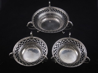 3 circular pierced silver 3 handled bon bon dishes, Birmingham 1911, 14 ozs  ILLUSTRATED