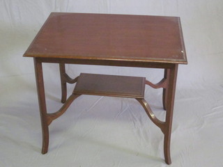 An Edwardian rectangular inlaid mahogany 2 tier occasional  table, raised on outswept supports 27"