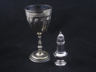 An Edwardian engraved silver plated chalice shaped trophy cup  and a silver plated pepper pot