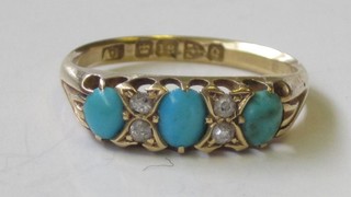 A Victorian 18ct yellow gold dress ring set turquoise and  diamonds
