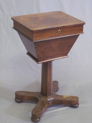 A William IV rectangular rosewood work box, raised on a  chamfered column with triform base 17"