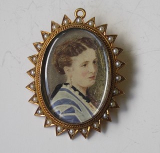 An oval portrait miniature of a lady mounted in an oval 9ct gold  brooch/pendant mount set demi-pearls