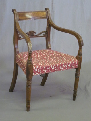 A Georgian mahogany bar back desk chair with card mid rail and upholstered seat, raised on turned supports