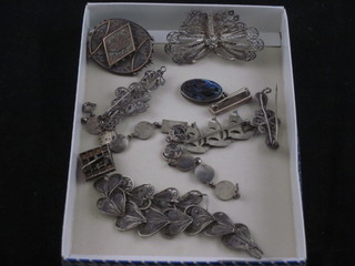A silver plated brooch and a collection of silver costume jewellery