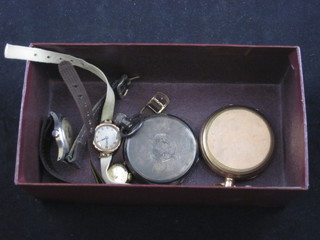 An open faced pocket watch contained in a gold plated full hunter case, a silver pocket watch and 3 wristwatches