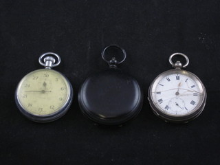 An open faced pocket watch contained in a silver case, a chrome pocket watch and a gun metal compass, f,