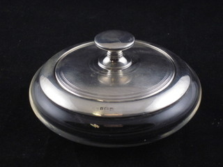 A circular glass powder puff with silver mount, Birmingham  1930, 4"