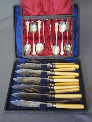 A set of 6 Victorian silver plated teaspoons and tongs cased and a set of 6 fish knives and forks, cased