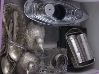 A chromium plated condiment set in the form of a yacht and a small collection of silver plated items