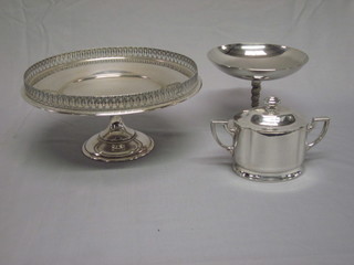 A Continental silver plated hotelware twin handled sugar bowl, a silver plated dish, a small dish