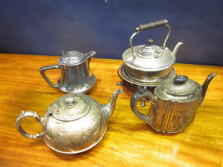 An oval silver plated teapot, do. tea kettle and a hotwater jug