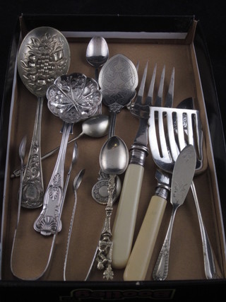 A silver plated fish serving fork, an asparagus slice and a small  collection of silver plated flatware