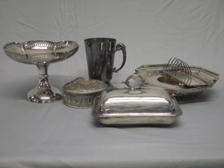 A rectangular silver plated butter dish and cover and a small collection of plated items