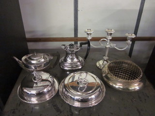 A circular silver plated entree dishes and cover, a circular  muffin dish, a Britannia metal teapot etc