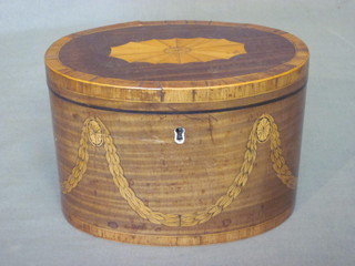 An Edwardian oval Georgian style inlaid mahogany tea caddy/trinket box with hinged lid and swag decoration, 6 1/2"   ILLUSTRATED