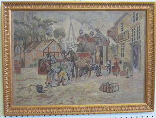 A Berlin woolwork panel depicting a coaching scene 12" x 18" contained in a gilt frame