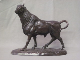 After A L Barrye, a modern bronze figure of a standing bull 15"