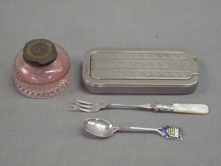 A Rolls razor, a red glass inkwell, souvenir spoon and a pickle  fork